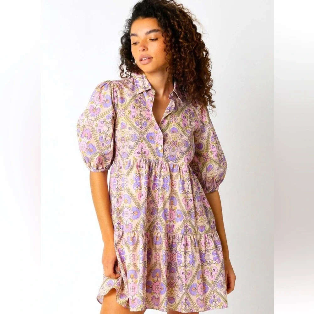 OLIVACEOUS Freya Floral Collared Tiered Dress in Lavender Multi Floral